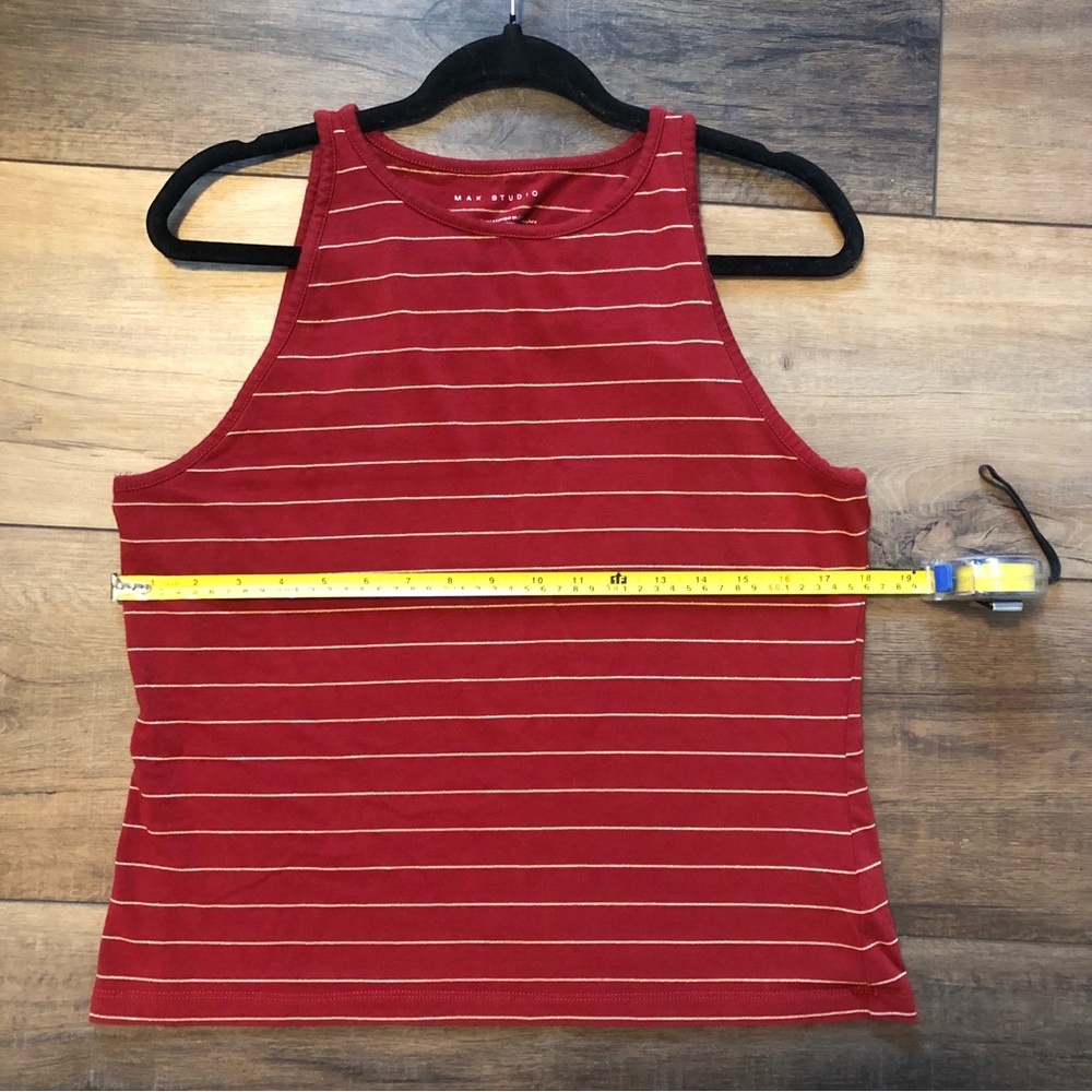 Max Studio Red Fitted Crop Tank Top with gold glitter stripes